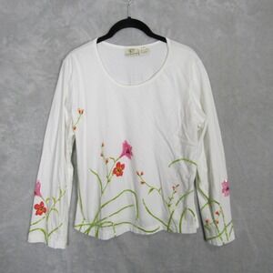 La Blend Top Women's Size Large White Floral Beaded Long Sleeve Shirt Y2K